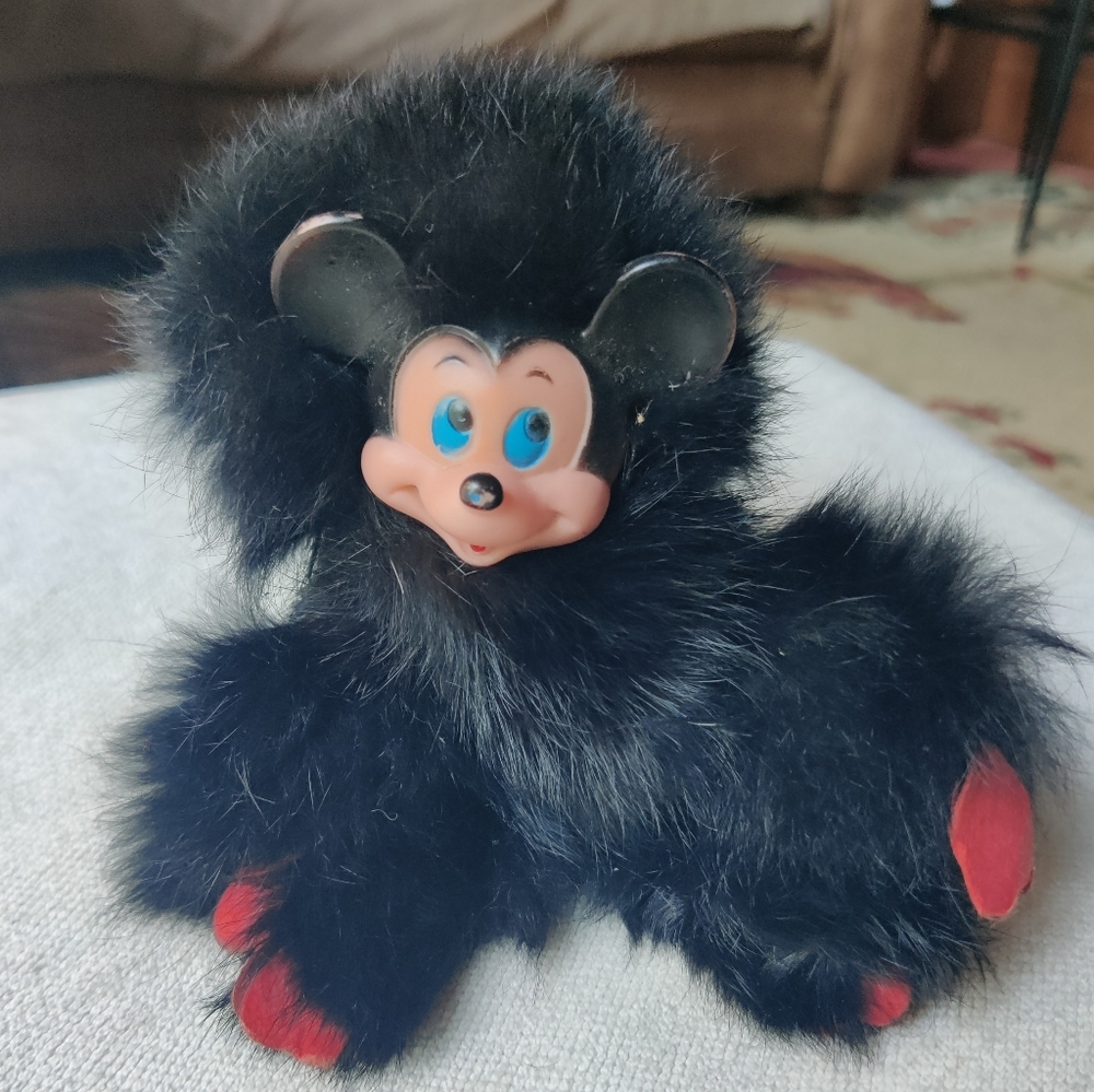 Vintage Mickey Mouse Rubber Face Real Fur Hanging Toy 7" Blue Eyes Rare 70s 80s - Picture 3 of 8